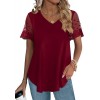 Casual V Neck T Shirts for Women Lace Short Sleeve Curved Hem Tops Loose Fit