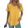 Casual V Neck T Shirts for Women Lace Short Sleeve Curved Hem Tops Loose Fit