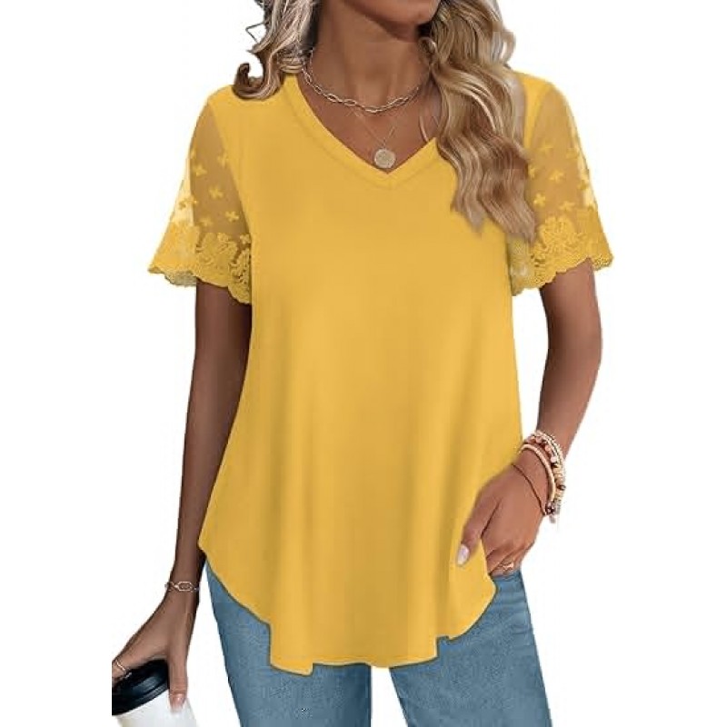 Casual V Neck T Shirts for Women Lace Short Sleeve Curved Hem Tops Loose Fit