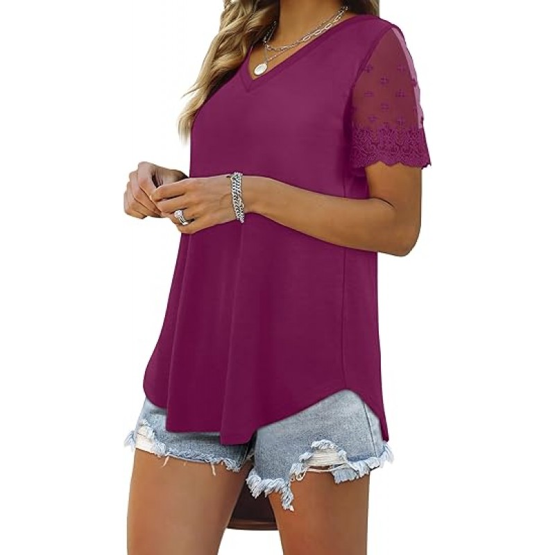 Casual V Neck T Shirts for Women Lace Short Sleeve Curved Hem Tops Loose Fit