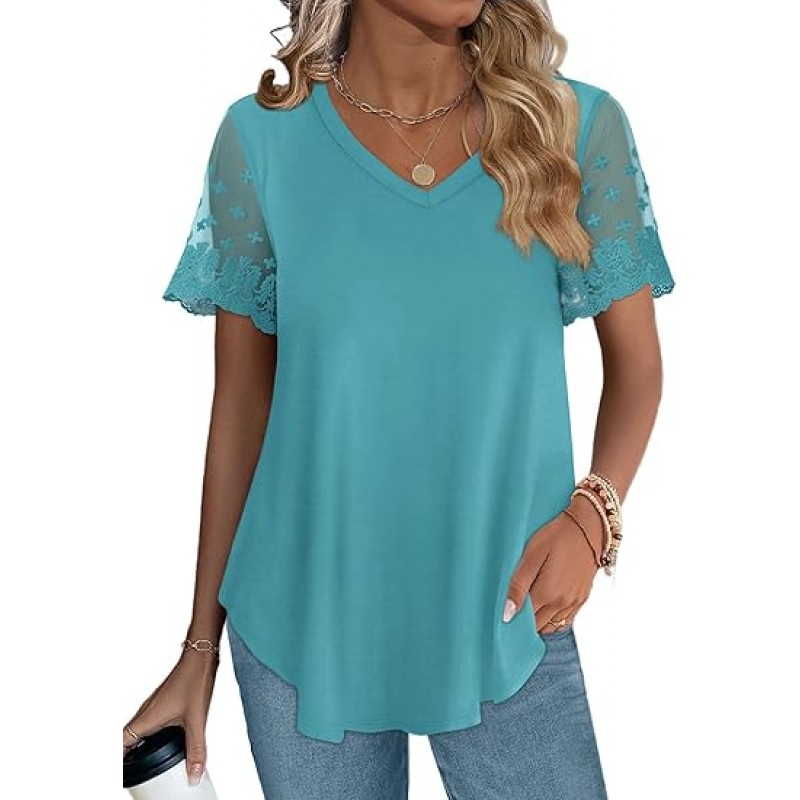 Casual V Neck T Shirts for Women Lace Short Sleeve Curved Hem Tops Loose Fit