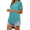 Casual V Neck T Shirts for Women Lace Short Sleeve Curved Hem Tops Loose Fit