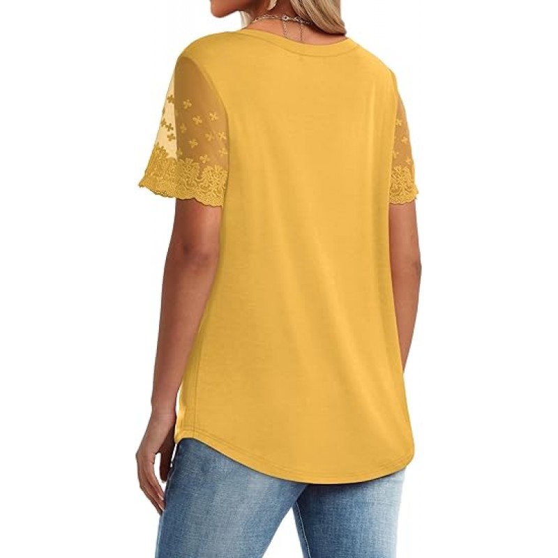 Casual V Neck T Shirts for Women Lace Short Sleeve Curved Hem Tops Loose Fit