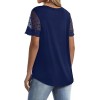 Casual V Neck T Shirts for Women Lace Short Sleeve Curved Hem Tops Loose Fit