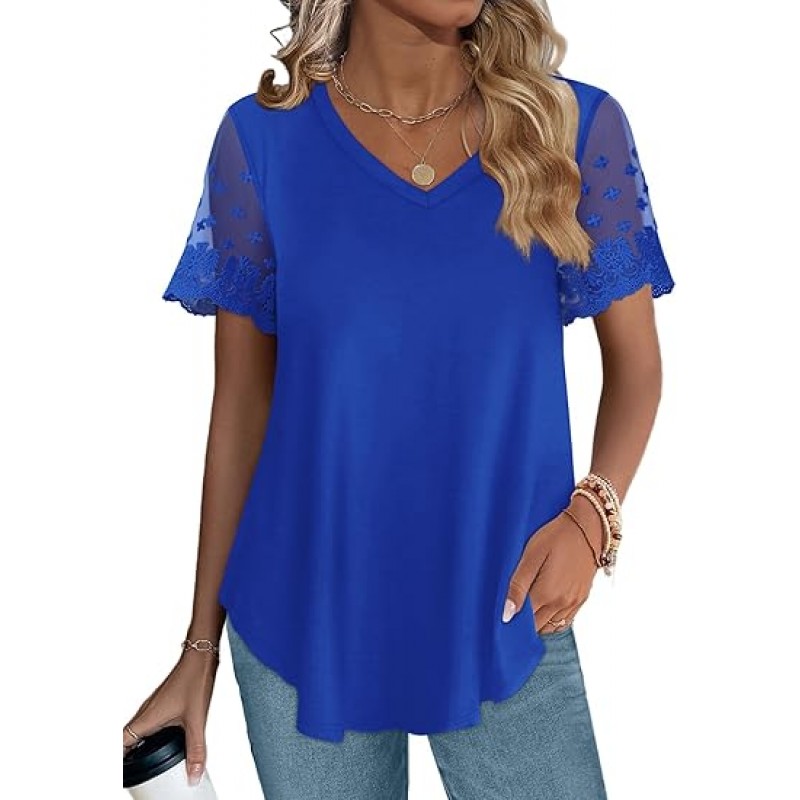 Casual V Neck T Shirts for Women Lace Short Sleeve Curved Hem Tops Loose Fit