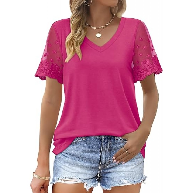 Casual V Neck T Shirts for Women Lace Short Sleeve Curved Hem Tops Loose Fit