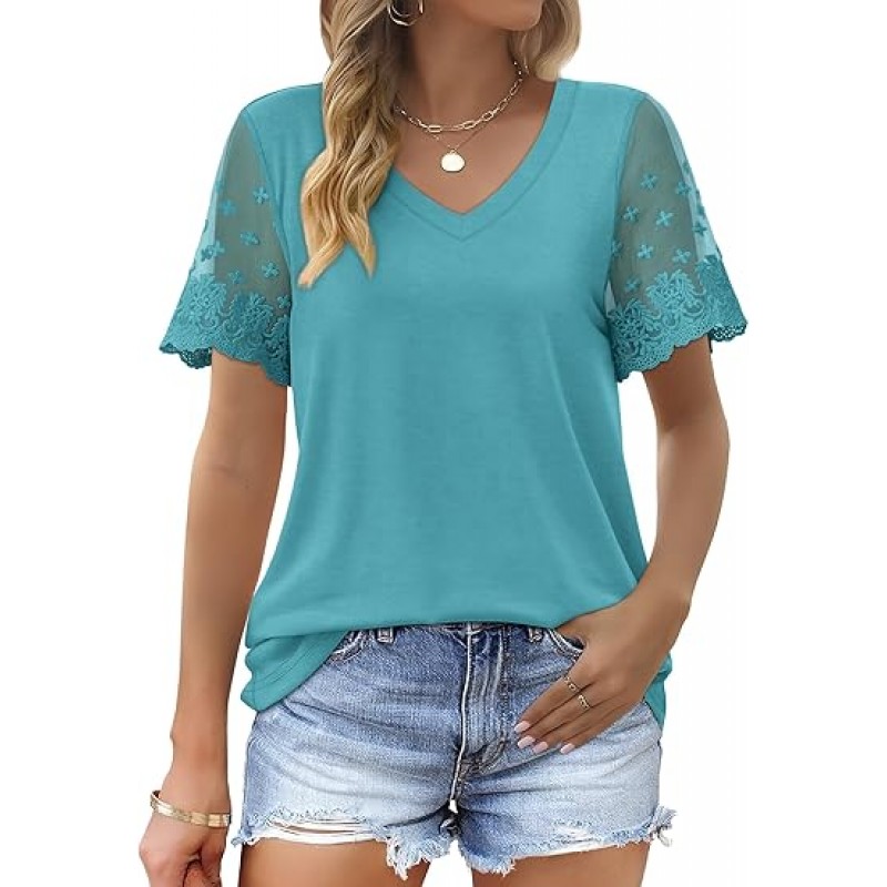 Casual V Neck T Shirts for Women Lace Short Sleeve Curved Hem Tops Loose Fit