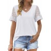 Casual V Neck T Shirts for Women Lace Short Sleeve Curved Hem Tops Loose Fit