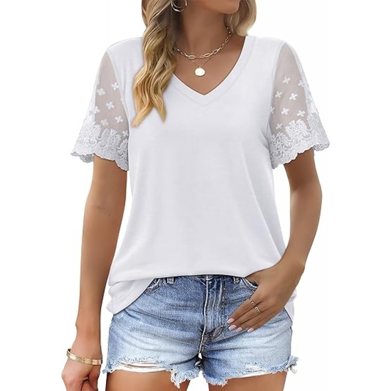 Casual V Neck T Shirts for Women Lace Short Sleeve Curved Hem Tops Loose Fit