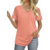 Casual V Neck T Shirts for Women Lace Short Sleeve Curved Hem Tops Loose Fit