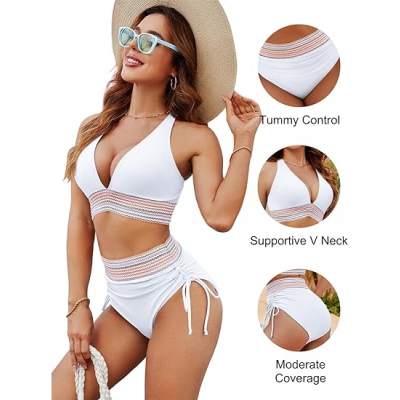 Women High Waisted Bikini Sets Tummy Control Swimsuits Color Block Two Piece Drawstring Bathing Suit