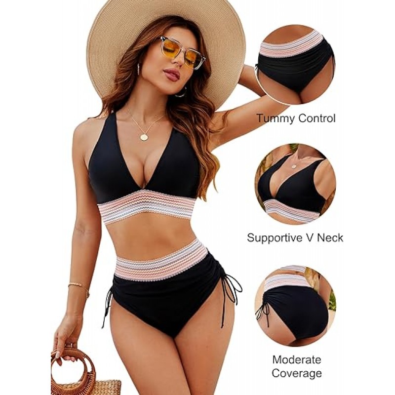 Women High Waisted Bikini Sets Tummy Control Swimsuits Color Block Two Piece Drawstring Bathing Suit