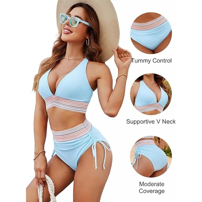 Women High Waisted Bikini Sets Tummy Control Swimsuits Color Block Two Piece Drawstring Bathing Suit