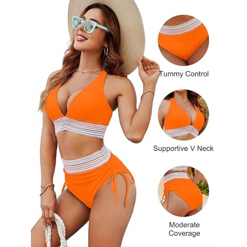 Women High Waisted Bikini Sets Tummy Control Swimsuits Color Block Two Piece Drawstring Bathing Suit