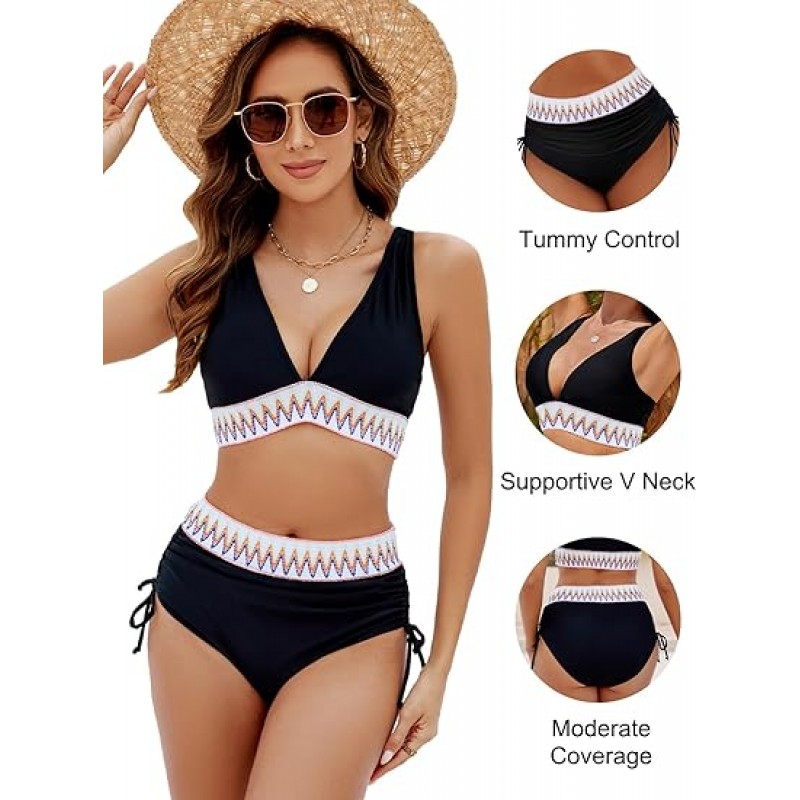 Women High Waisted Bikini Sets Tummy Control Swimsuits Color Block Two Piece Drawstring Bathing Suit