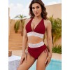 Women High Waisted Bikini Sets Tummy Control Swimsuits Color Block Two Piece Drawstring Bathing Suit