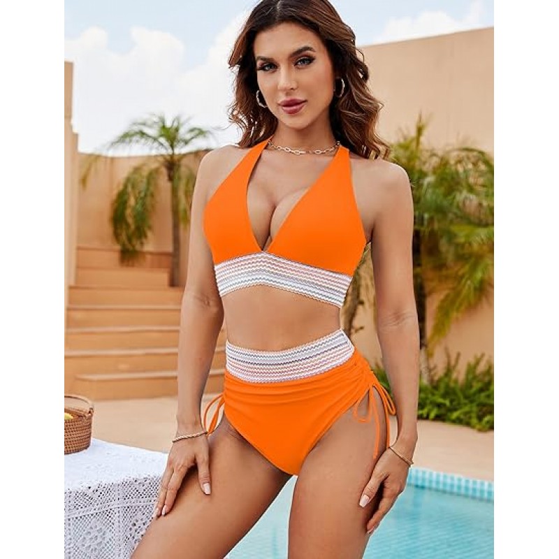 Women High Waisted Bikini Sets Tummy Control Swimsuits Color Block Two Piece Drawstring Bathing Suit