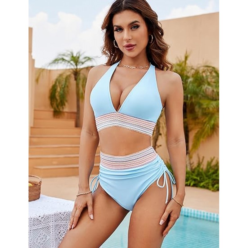 Women High Waisted Bikini Sets Tummy Control Swimsuits Color Block Two Piece Drawstring Bathing Suit