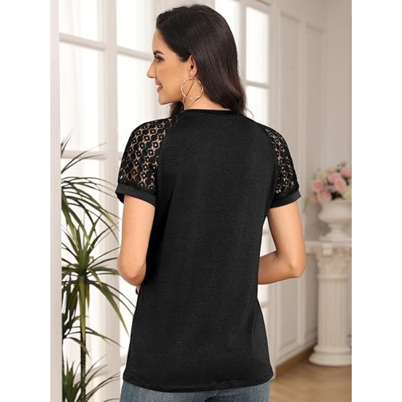 Womens Tshirts Trendy Fashion Tops Lace Short Sleeve Business Tee Shirts Casual Knitted Blouses Summer Outfits 2024