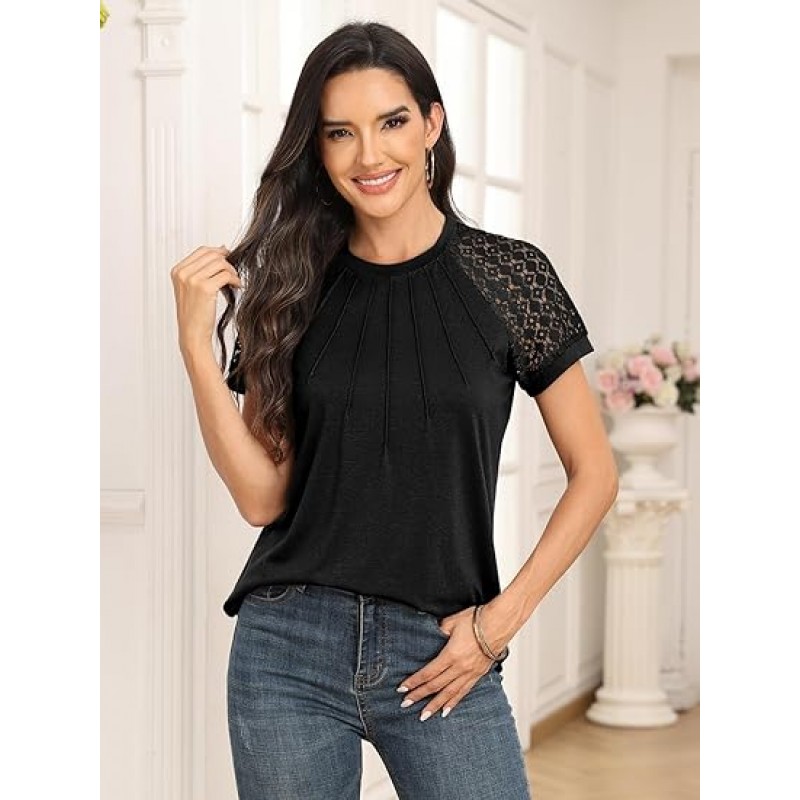 Womens Tshirts Trendy Fashion Tops Lace Short Sleeve Business Tee Shirts Casual Knitted Blouses Summer Outfits 2024