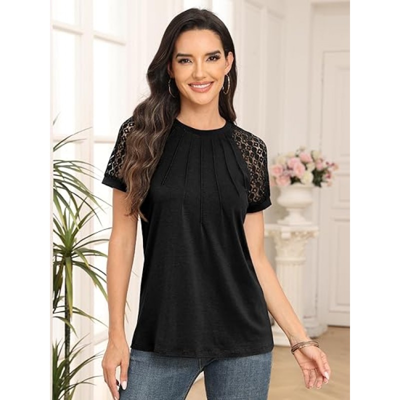 Womens Tshirts Trendy Fashion Tops Lace Short Sleeve Business Tee Shirts Casual Knitted Blouses Summer Outfits 2024