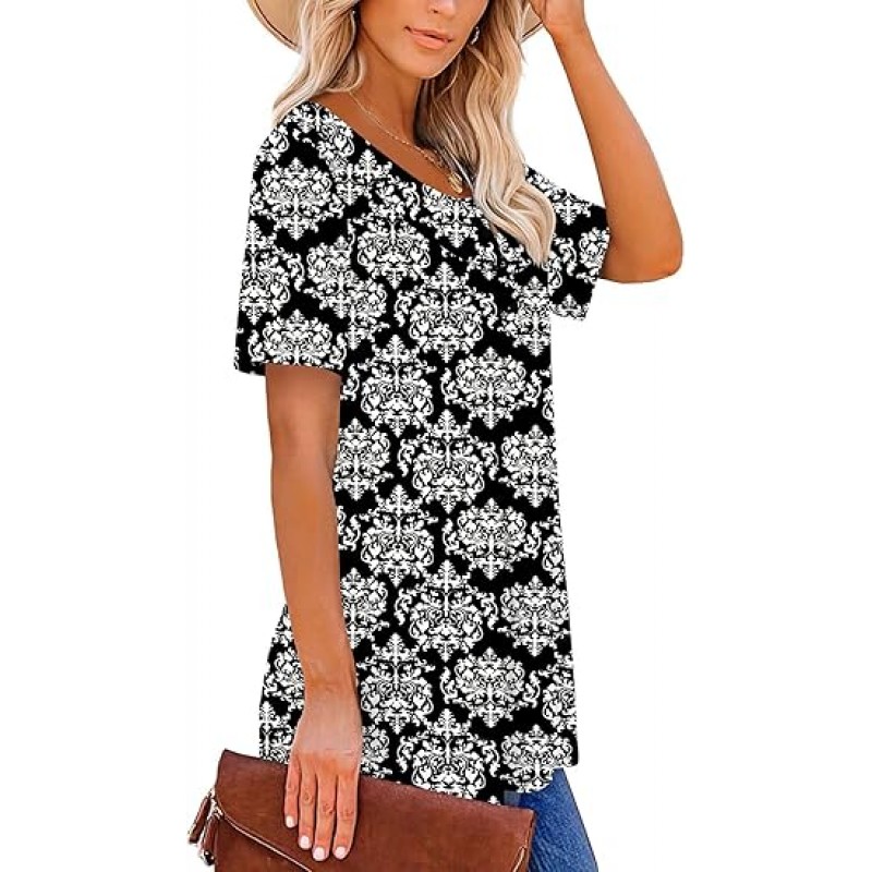 Women's Short Sleeve Shirts Floral Summer Tops Loose Fit for Leggings