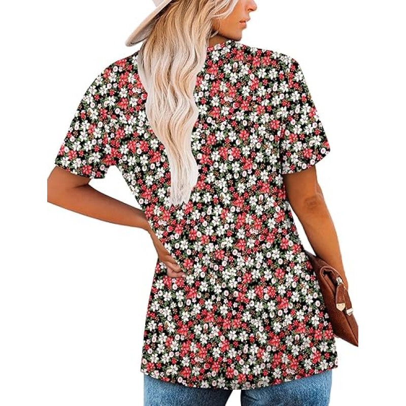 Women's Short Sleeve Shirts Floral Summer Tops Loose Fit for Leggings