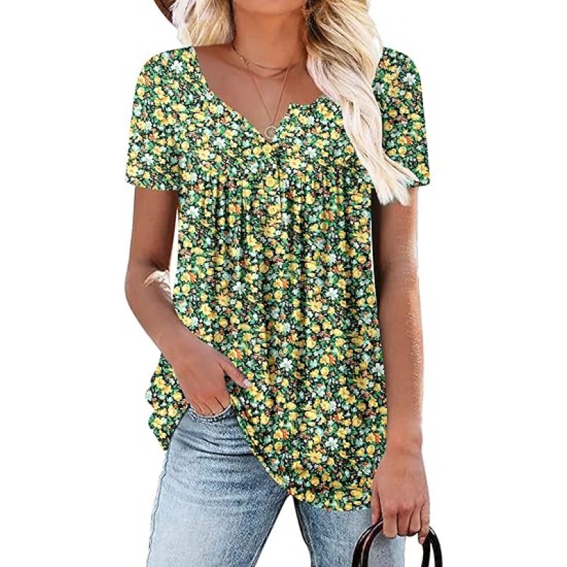 Women's Short Sleeve Shirts Floral Summer Tops Loose Fit for Leggings