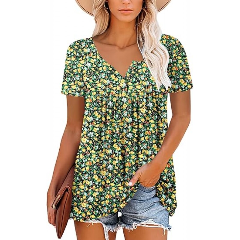 Women's Short Sleeve Shirts Floral Summer Tops Loose Fit for Leggings