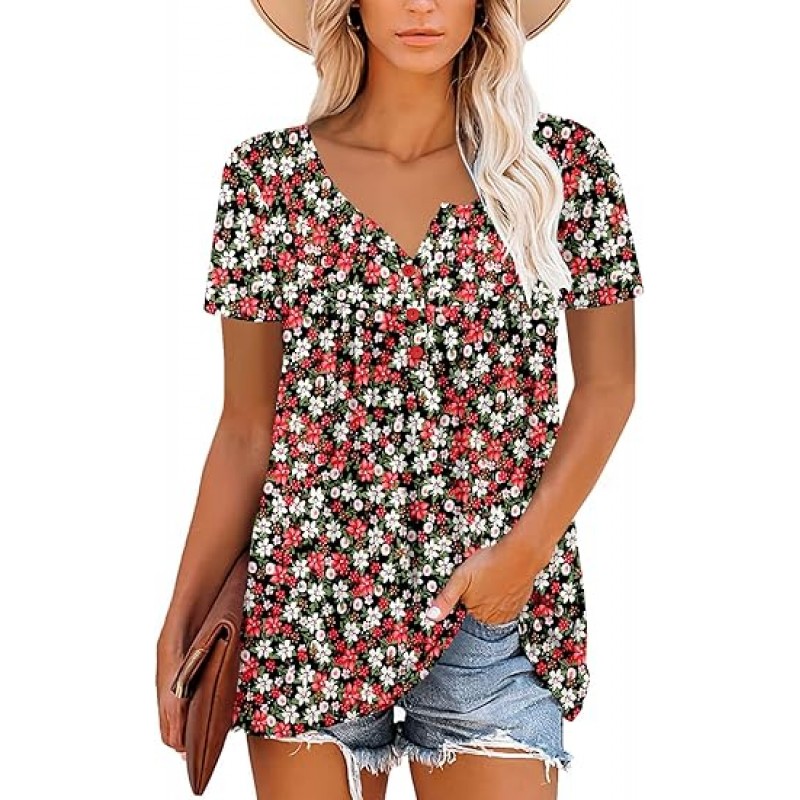 Women's Short Sleeve Shirts Floral Summer Tops Loose Fit for Leggings