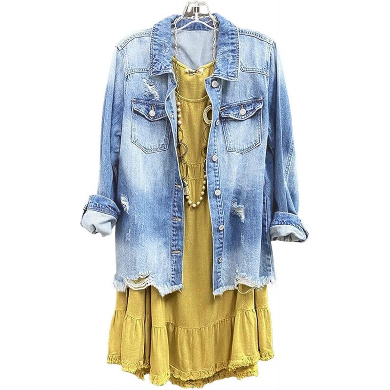 Women Denim Shirt Jacket Long Sleeve Shacket Coat Distressed Washed Ripped Frayed Hem Jean Jacket