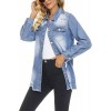 Women Denim Shirt Jacket Long Sleeve Shacket Coat Distressed Washed Ripped Frayed Hem Jean Jacket