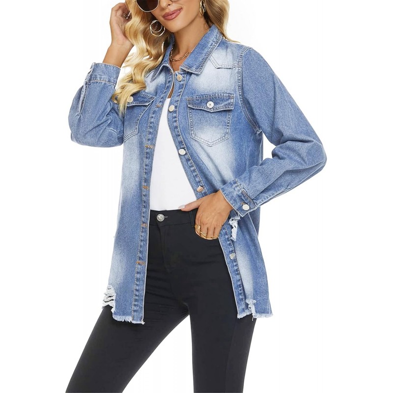 Women Denim Shirt Jacket Long Sleeve Shacket Coat Distressed Washed Ripped Frayed Hem Jean Jacket