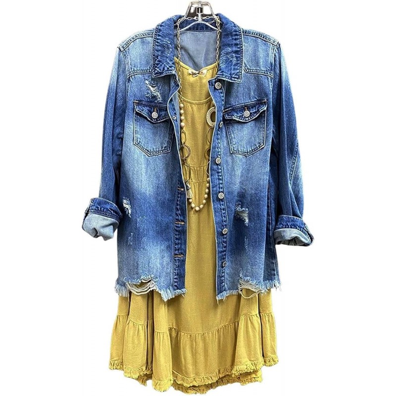 Women Denim Shirt Jacket Long Sleeve Shacket Coat Distressed Washed Ripped Frayed Hem Jean Jacket