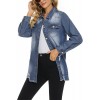 Women Denim Shirt Jacket Long Sleeve Shacket Coat Distressed Washed Ripped Frayed Hem Jean Jacket