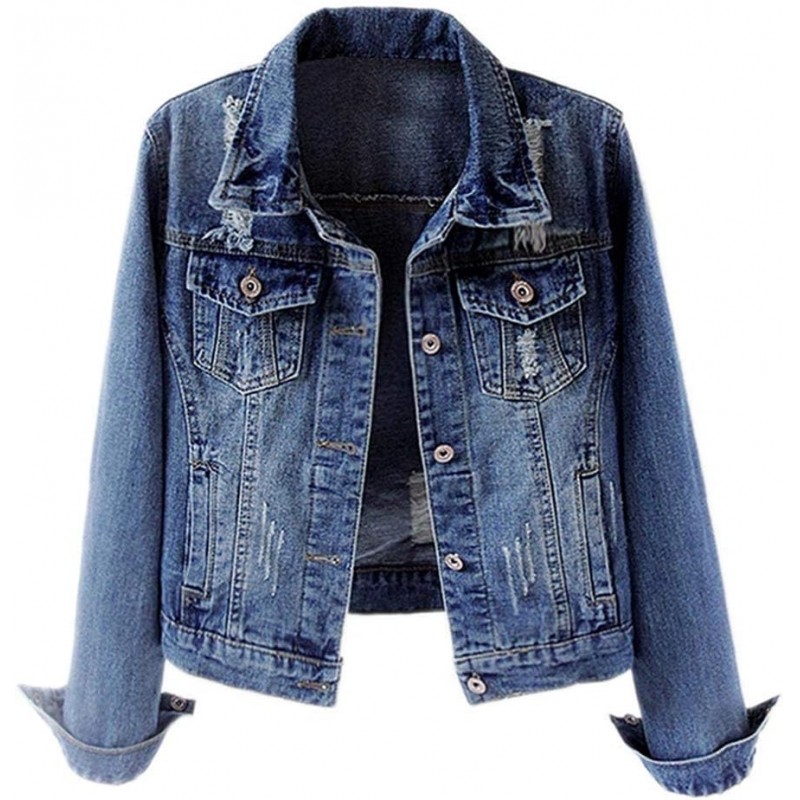 Womens Denim Jackets Distressed Ripped Long Sleeve Jean Jacket Coats