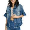 Womens Short Ruffle Trim Sleeves Washed Denim Jacket Button Down Jean Jacket with Ruffle Hem