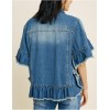 Womens Short Ruffle Trim Sleeves Washed Denim Jacket Button Down Jean Jacket with Ruffle Hem