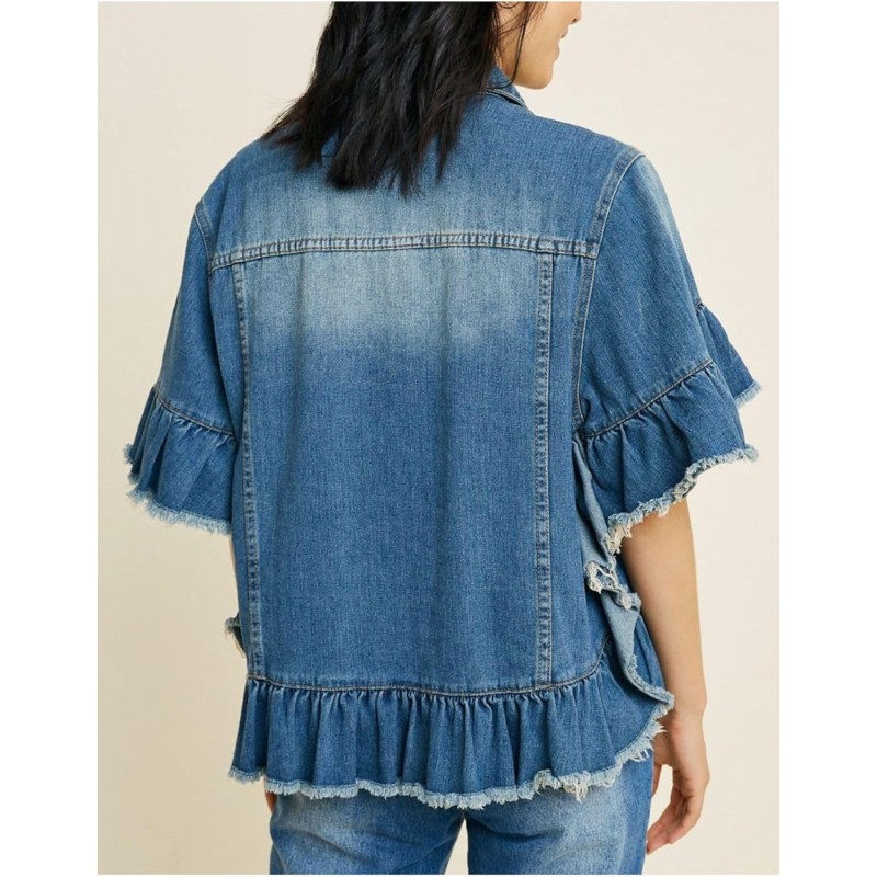 Womens Short Ruffle Trim Sleeves Washed Denim Jacket Button Down Jean Jacket with Ruffle Hem