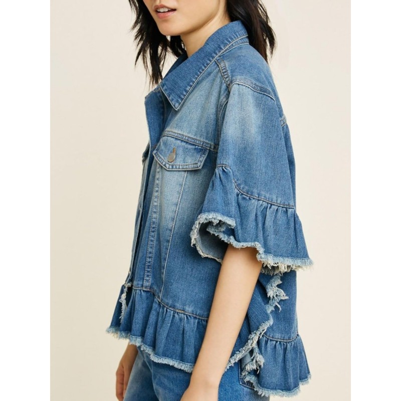 Womens Short Ruffle Trim Sleeves Washed Denim Jacket Button Down Jean Jacket with Ruffle Hem