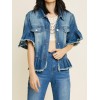 Womens Short Ruffle Trim Sleeves Washed Denim Jacket Button Down Jean Jacket with Ruffle Hem