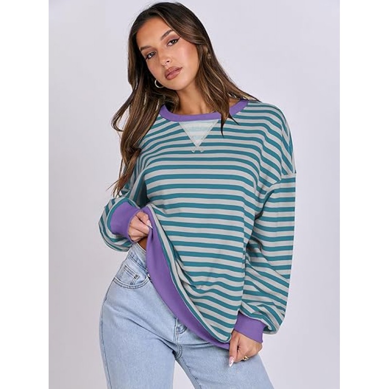 ANRABESS Women Striped Oversized Sweatshirt Long Sleeve Crewneck Hoodies Shirts 2024 Fall Pullover Top Trendy Preppy Clothes