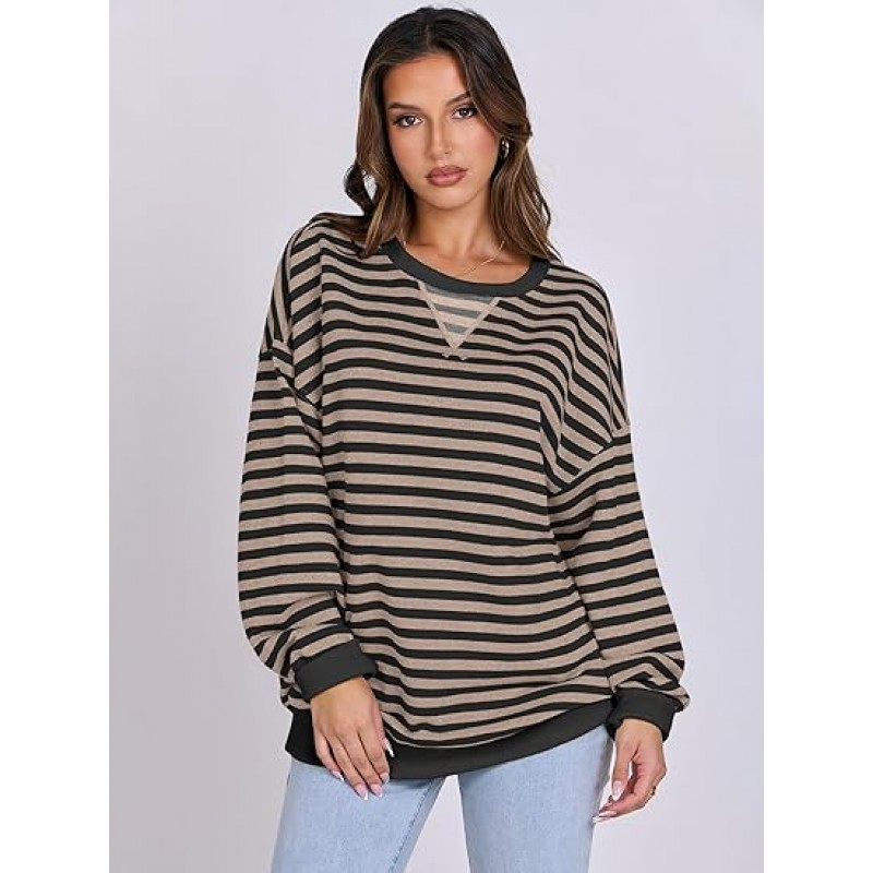 ANRABESS Women Striped Oversized Sweatshirt Long Sleeve Crewneck Hoodies Shirts 2024 Fall Pullover Top Trendy Preppy Clothes