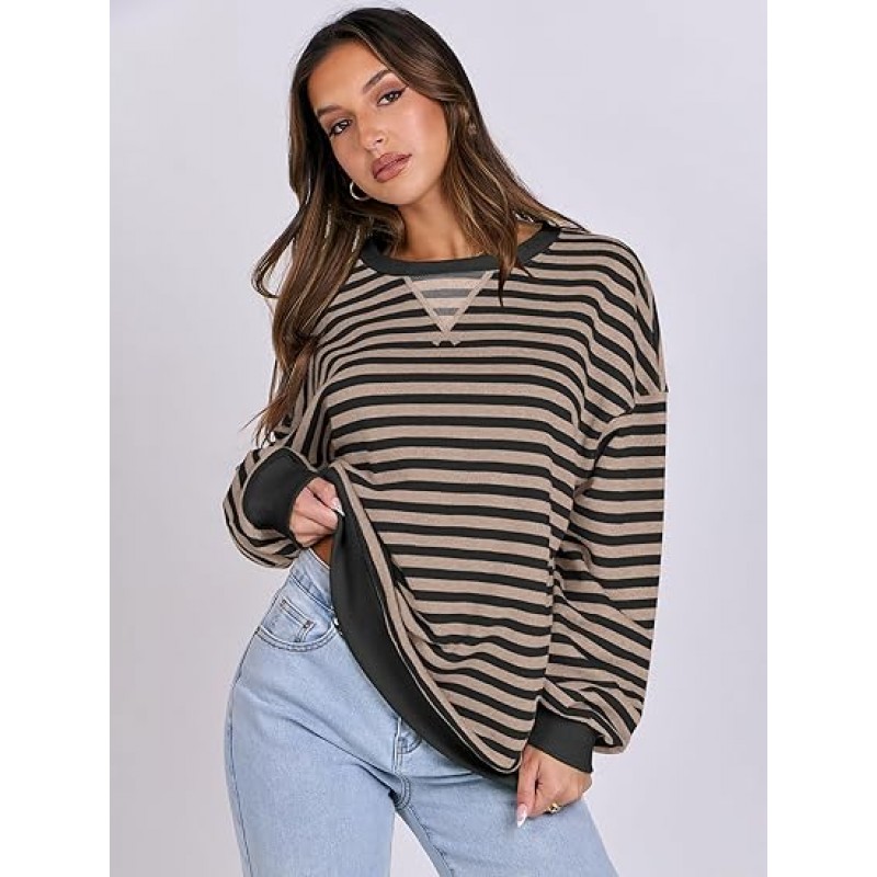 ANRABESS Women Striped Oversized Sweatshirt Long Sleeve Crewneck Hoodies Shirts 2024 Fall Pullover Top Trendy Preppy Clothes