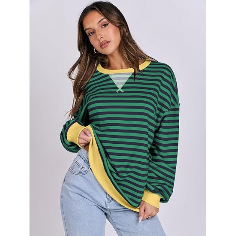 ANRABESS Women Striped Oversized Sweatshirt Long Sleeve Crewneck Hoodies Shirts 2024 Fall Pullover Top Trendy Preppy Clothes