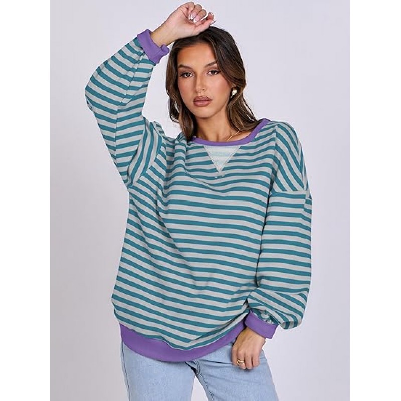 ANRABESS Women Striped Oversized Sweatshirt Long Sleeve Crewneck Hoodies Shirts 2024 Fall Pullover Top Trendy Preppy Clothes