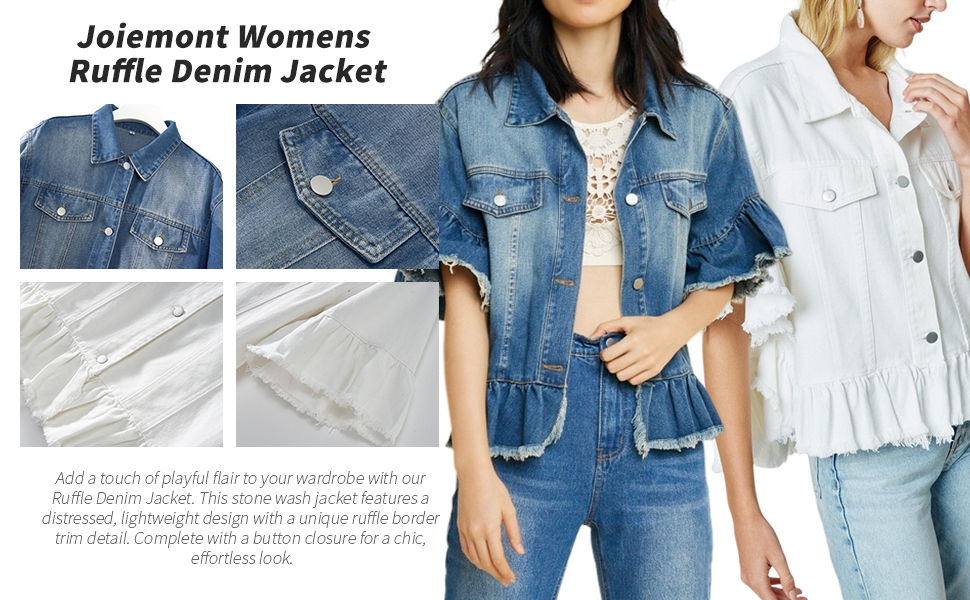 Womens Short Ruffle Trim Sleeves Washed Denim Jacket Button Down Jean Jacket with Ruffle Hem