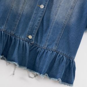 Womens Short Ruffle Trim Sleeves Washed Denim Jacket Button Down Jean Jacket with Ruffle Hem